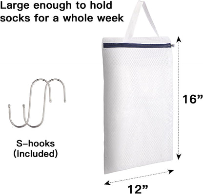 3 PACK Hanging Mesh Laundry Bags with S Metal Hooks,10x12 Inch Hanging Socks Laundry Bags, for Washing Machine