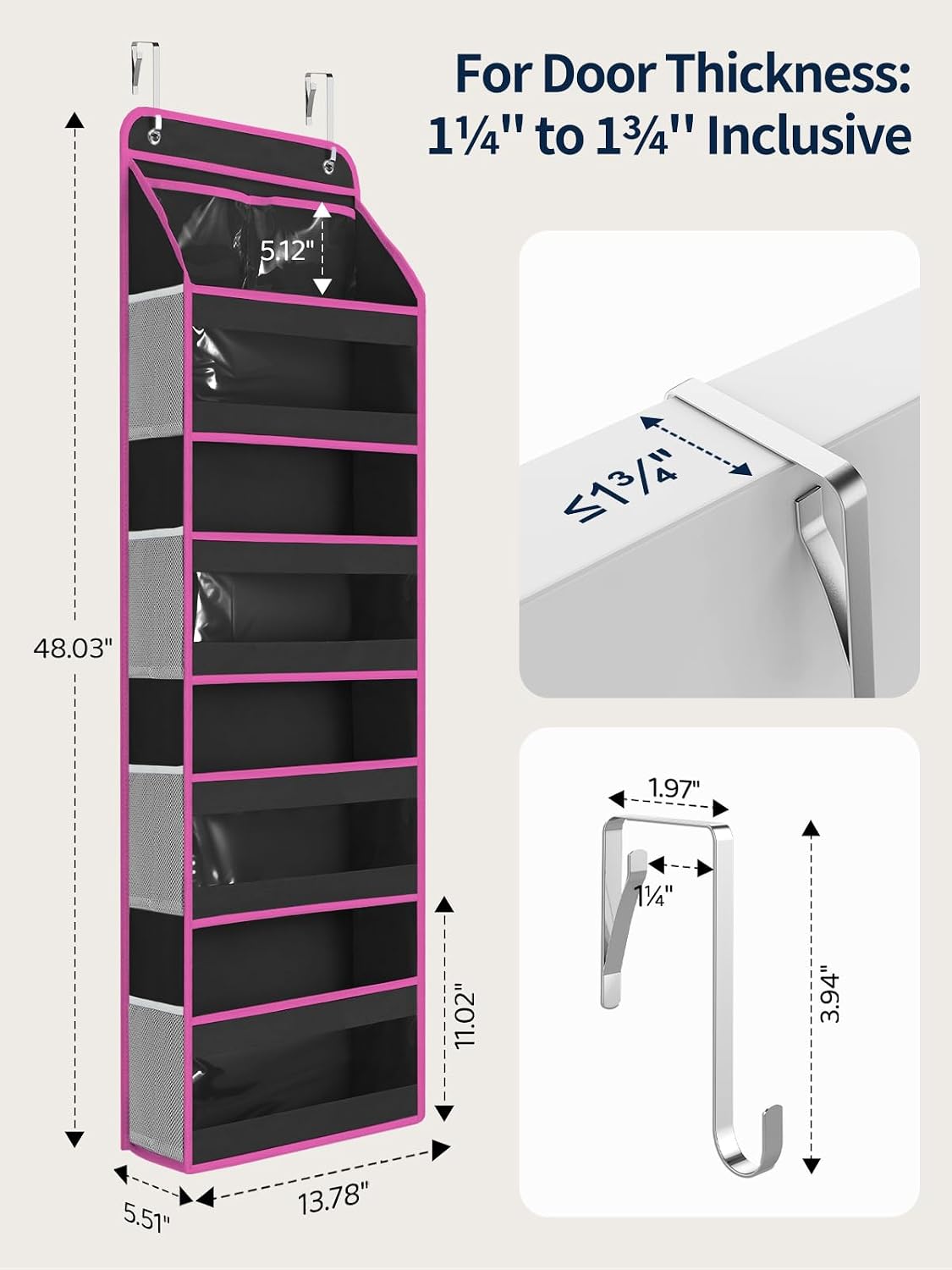 Yecaye 5 Tier Over the Door Organizer, Swing-proof Door Organizer Hanging with Clear PVC Windows, Behind the Door Storage for Bedroom Nursery Closet Laundry Pantry Bathroom, Grey