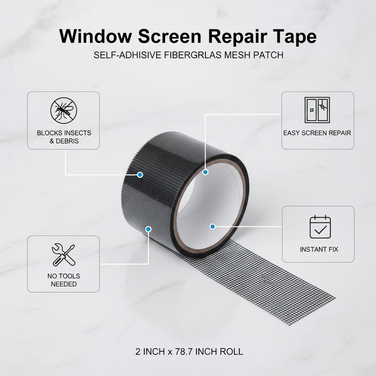 Self-Adhesive Window Screen Repair Tape, Fiberglass Mesh Patch for Holes and Tears, 2 in x 78.7 in Roll for Door and Window Screens