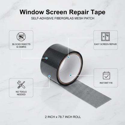 Self-Adhesive Window Screen Repair Tape, Fiberglass Mesh Patch for Holes & Tears, 2" x 78.7" Roll for Door and Window Screens
