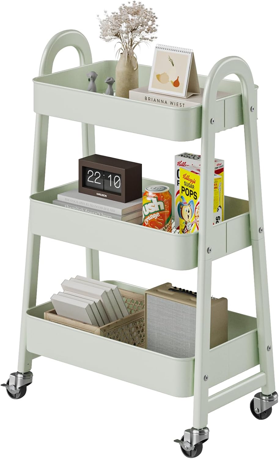 DUMOS 3 Tiers Rolling Cart, Utility Cart, Metal, White | Mobile Storage, Lockable Wheels, Utility Shelving Unit, Kitchen, Bathroom, Laundry, Narrow Places