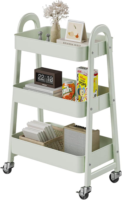 DUMOS 3 Tiers Rolling Cart, Utility Cart, Metal, White | Mobile Storage, Lockable Wheels, Utility Shelving Unit, Kitchen, Bathroom, Laundry, Narrow Places