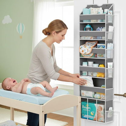 Over the Door Hanging Organizer - Closet Door Organizer and Storage with Large Pockets, Swing-Proof Behind The Door Organizer for Bathroom Nursery (Grey, 1 Pack -Extra Large 6 Tier)