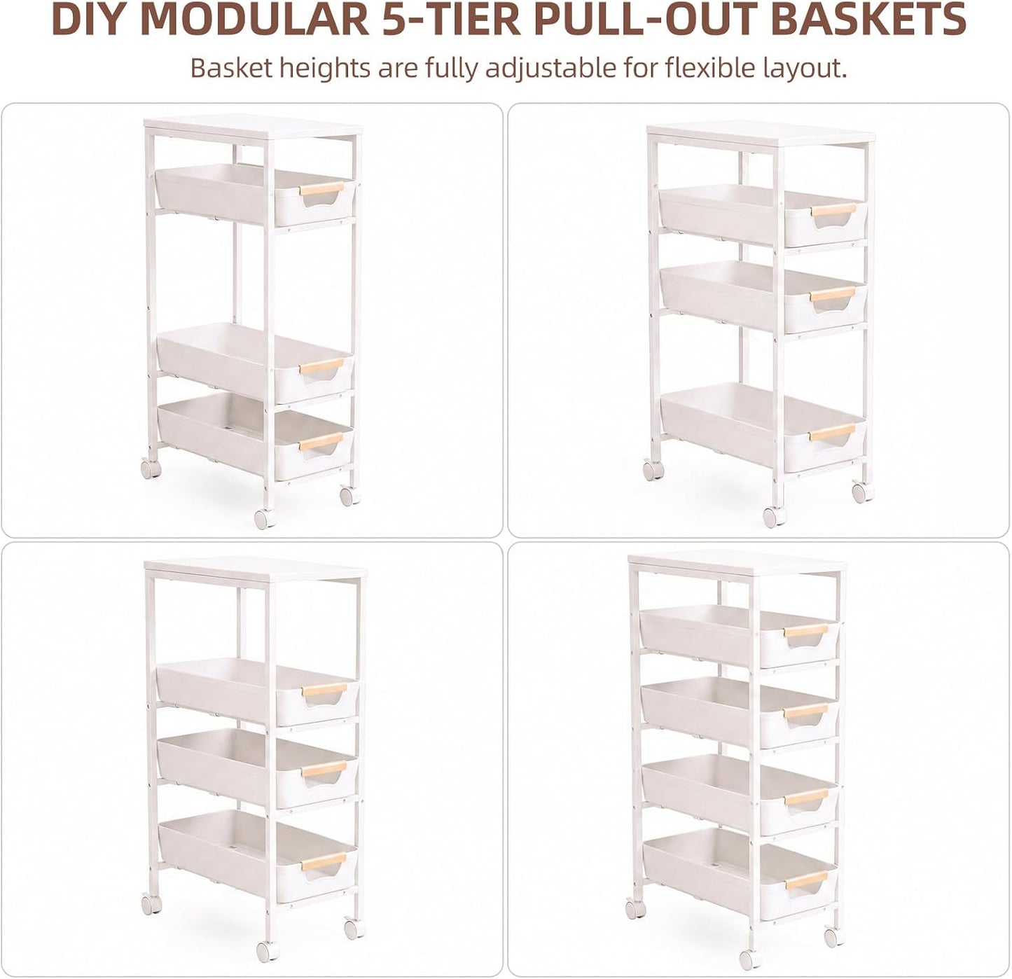 5 Tier Slim Rolling Storage Cart with Pull-Out Drawers,Narrow Utility Organizer Cart with Wooden Top & Wheels for Small Spaces Kitchen Bathroom Laundry Room (White)