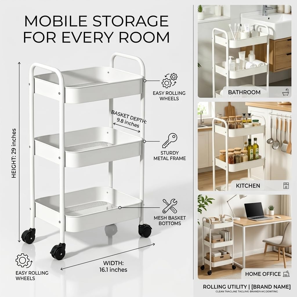 3-Tier Metal Rolling Cart with Smooth Casters, Lightweight Storage Utility Cart Mobile Organizer Rack, Multi-Purpose Basket Shelf for Kitchen, Bathroom, Closet, Pantry-Black