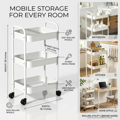 3-Tier Metal Rolling Cart with Smooth Casters, Lightweight Storage Utility Cart Mobile Organizer Rack, Multi-Purpose Basket Shelf for Kitchen, Bathroom, Closet, Pantry-Black
