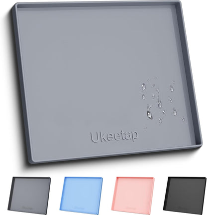 ukeetap Extra Thick Silicone Mat Waterproof with Raised Edge 19” x 12”, BPA Free Non-Slip Dog & Cat Food Mat, Feeding Mat for Food and Water Bowls, Spill Proof Mat to Protect Floors, Black