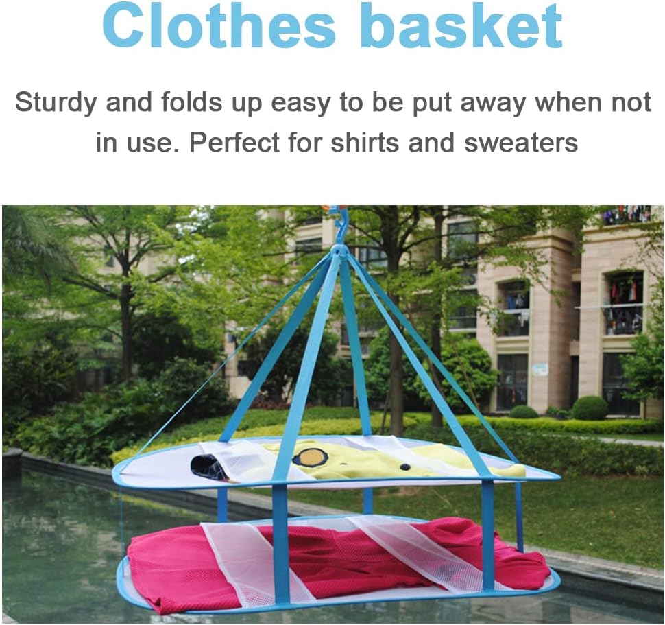 2 Tier Folded Mesh Clothes Hanging Dryer Sweater Drying Rack,Windproof Laundry Drying Rack,Foldable Hanging Mesh Dryer for Underwear Lingerie Sweater Outdoor, Indoor(blue,size:30.7x24x23.6inch)