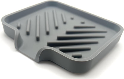Silicone Soap Dish Tray and Sponge Holder with Drain Chute and Feet | 3-Way Sloped Design | Bathroom and Kitchen Sink Organizer Caddy (Black, 10"x4", 7.8 Ounces)