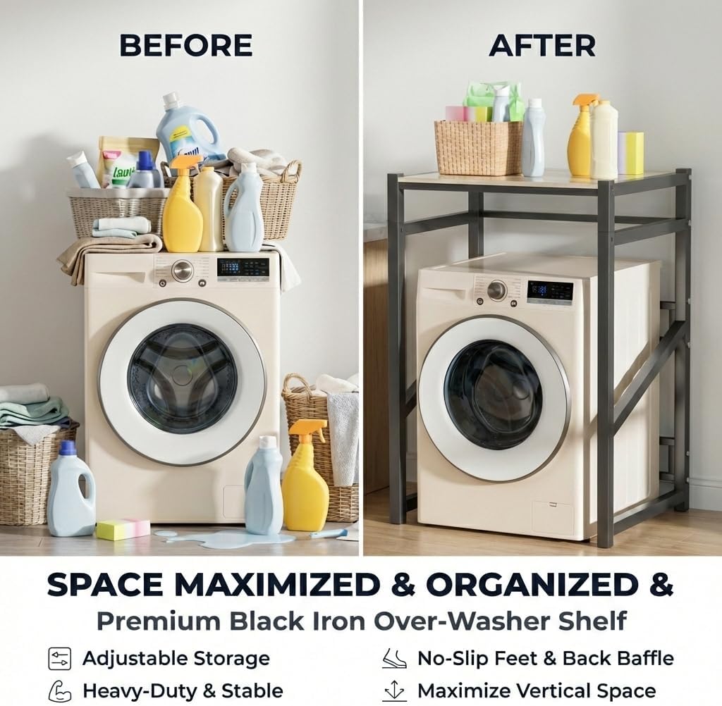 Washer Dryer Stacking Rack Stand, Over the Washer and Dryer Storage Shelf, Height Adjustable Standing Washer Dryer Machine Rack, Stackable Shelf for Laundry Room Apartments (White)