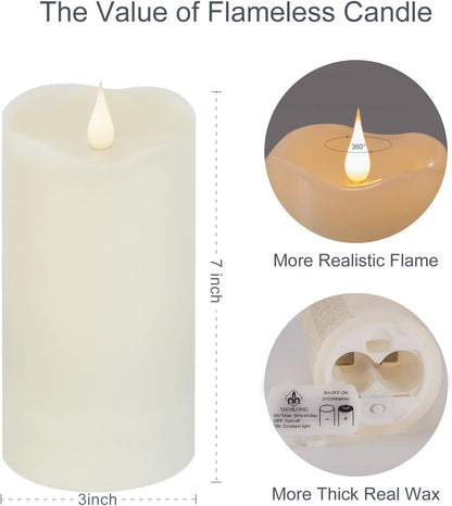 TECHLONG Flameless Candles with Remote Timer, 3D Moving Flickering Flame Battery Operated Candles Lasting 1000+ Hours, 3" x 5" Ivory Real Wax Electric LED Pillar Candles, Set of 2