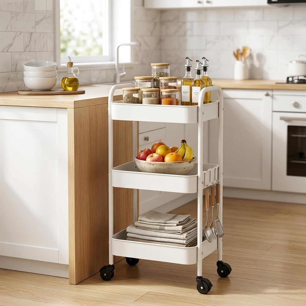 3-Tier Metal Rolling Cart with Smooth Casters, Lightweight Storage Utility Cart Mobile Organizer Rack, Multi-Purpose Basket Shelf for Kitchen, Bathroom, Closet, Pantry-Black