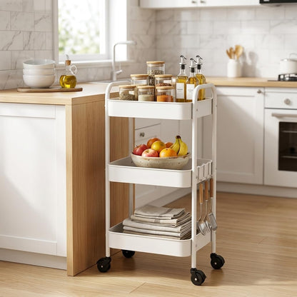 3-Tier Metal Rolling Cart with Smooth Casters, Lightweight Storage Utility Cart Mobile Organizer Rack, Multi-Purpose Basket Shelf for Kitchen, Bathroom, Closet, Pantry-Black