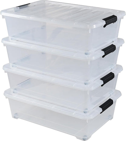 4-Pack 20 Quart Clear Under Bed Plastic Storage Bins with Wheels | Under Bed Storage Box, Locking Latch Lid, Easy-Glide Wheels, for Bedroom, Bathroom, Garage, and Office Organization
