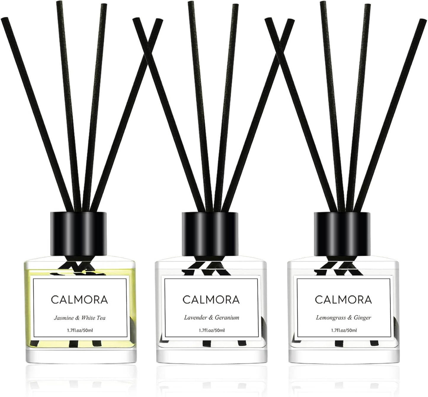 CALMORA Flameless Diffuser for Home, 3-Pack 50ml (1.7fl Oz) Essential Oil Reed Diffuser Set with 15 Sticks | Room Air Freshener for Bedroom, Bathroom for Women Men