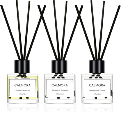 CALMORA Flameless Diffuser for Home, 3-Pack 50ml (1.7fl Oz) Essential Oil Reed Diffuser Set with 15 Sticks | Room Air Freshener for Bedroom, Bathroom for Women Men