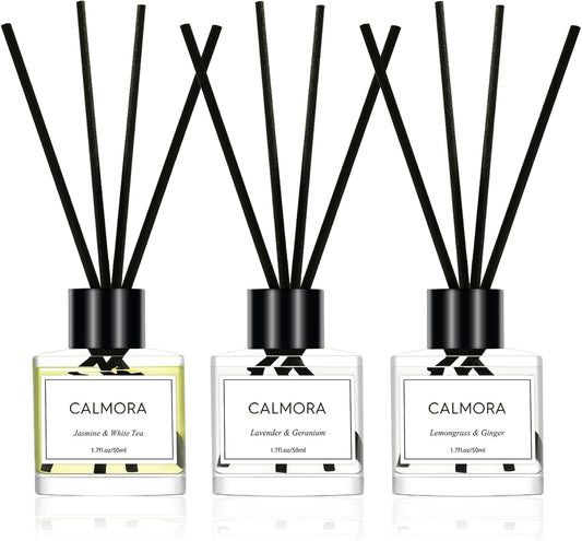 CALMORA Flameless Diffuser for Home, 3-Pack 50ml (1.7fl Oz) Essential Oil Reed Diffuser Set with 15 Sticks | Room Air Freshener for Bedroom, Bathroom for Women Men