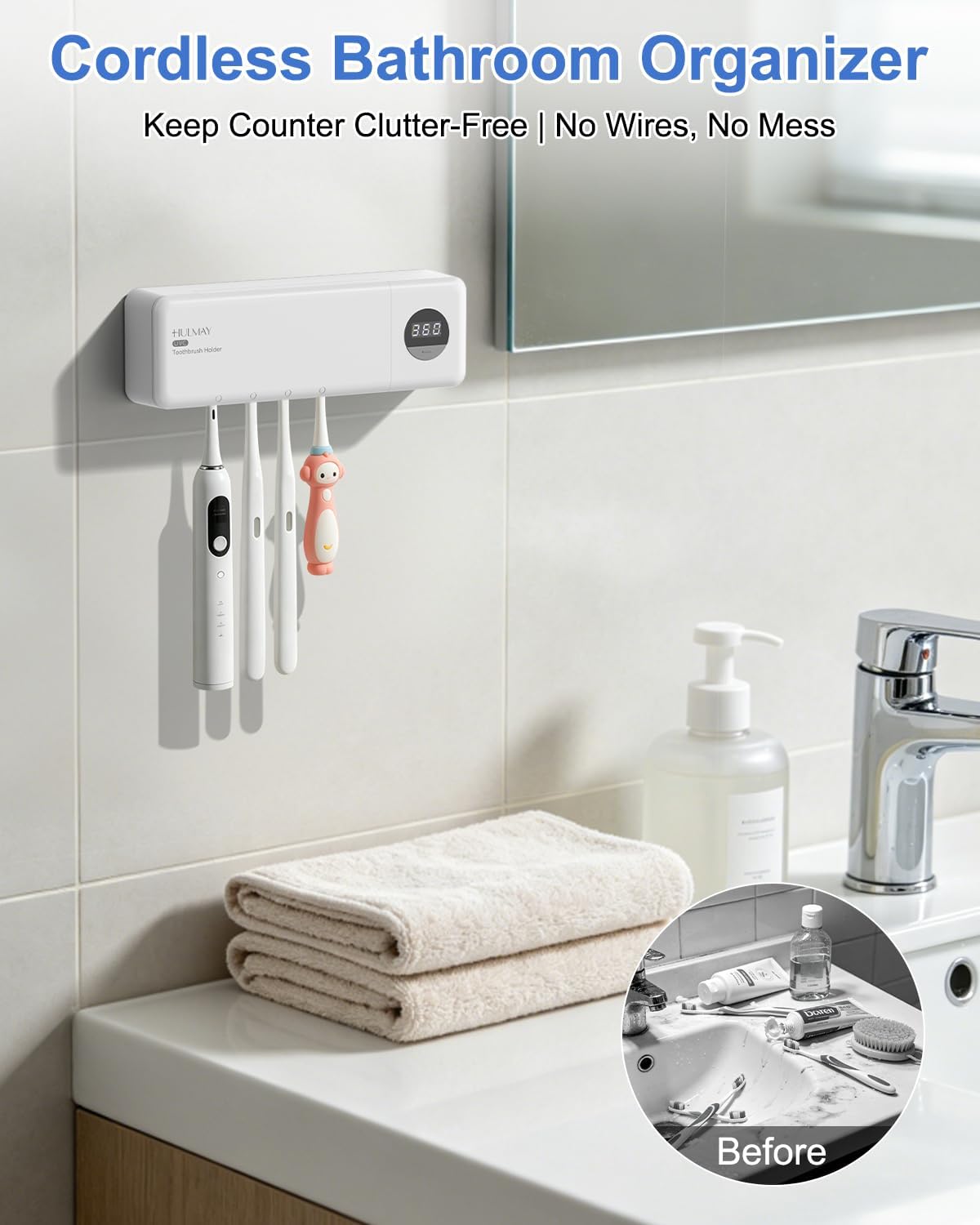 UV Toothbrush Sanitizer with Holder, Electric Toothbrush Holder Wall Mounted with Cover for 4 Slots, 2000mAh Rechargeable with Timer, Cordless Bathroom Organizer - White