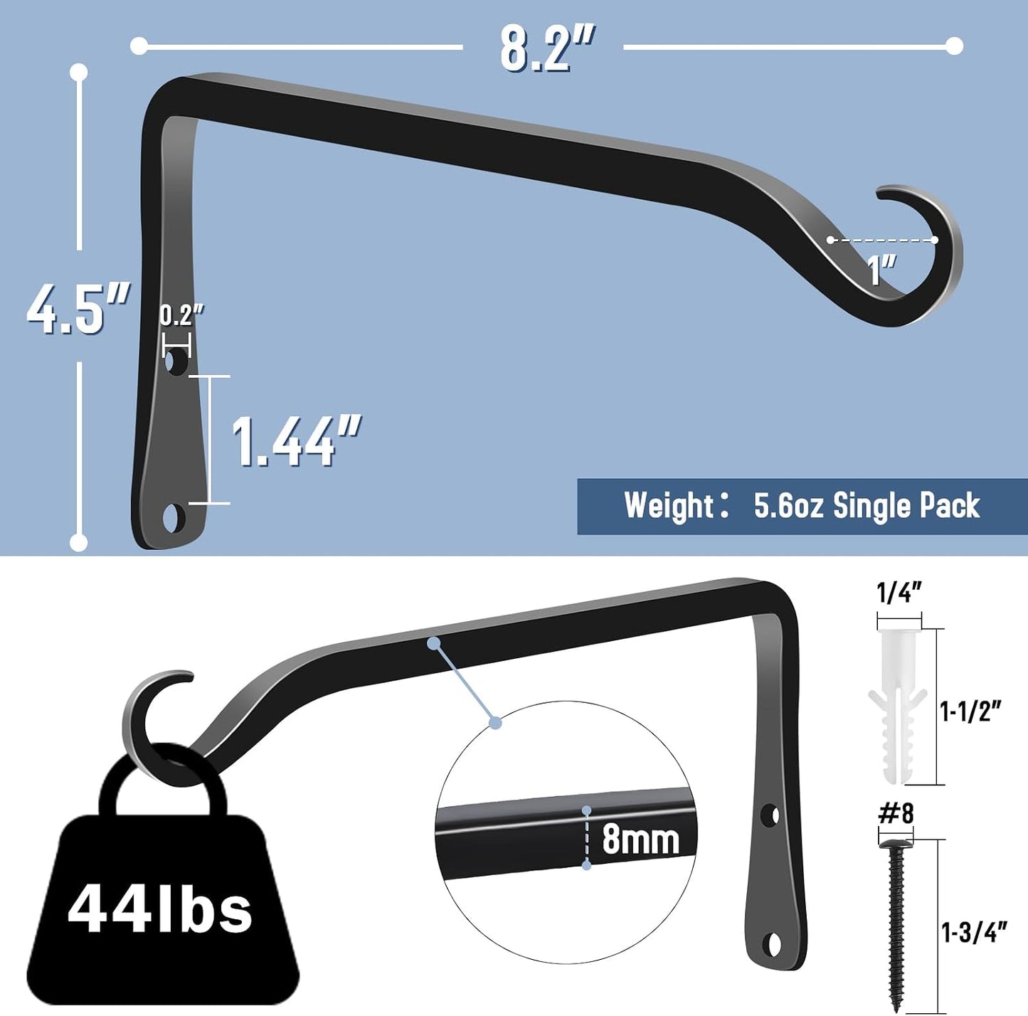FEED GARDEN Heavy Duty Plant Hangers Outdoor Indoor, 8 Inch 2 Pack Metal Hanging Bracket Holds Up to 44 lbs, Wall Brackets for Hanging Baskets, Bird Feeders,Wind Chime& Lanterns, Black