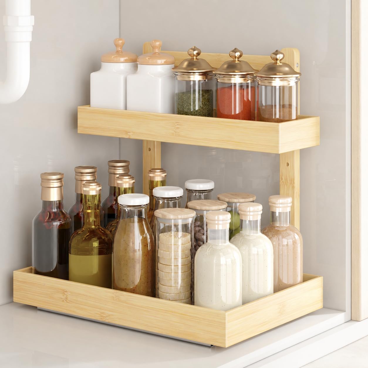 Under Sink Organizer - 2-Tier Pull Out Cabinet Organizer Vertical Slide Out Sink Shelf Storage Shelves for Multi-Purpose Bath Kitchen Bathroom Medicine (Nature, 2 Packs)
