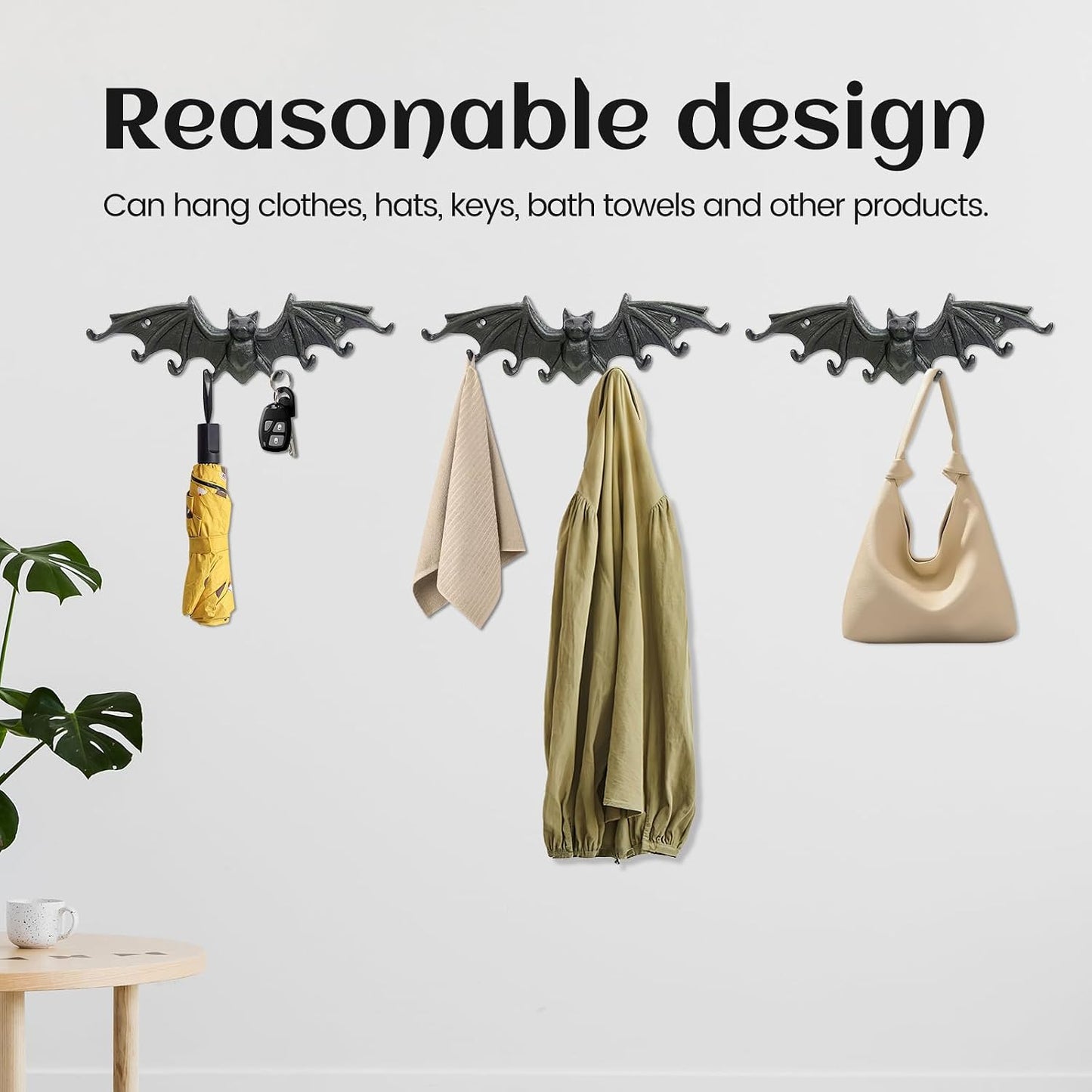 Coat Hooks Wall Mounted, Rustic Bat Key Hook Holder, Heavy Duty Decorative Black Wall Hooks for Mudroom, Towels, Hat Rack, Purse Hooks, Cast Iron Decorative ‎Antique Black Hooks