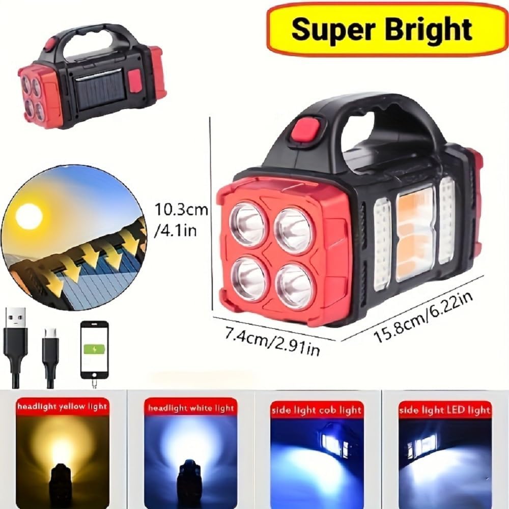 IFTHFOUR High Lumens Solar Flashlight - LED Work Light with USB-C Rechargeable, Waterproof, Multi-Function Flashlight & Lantern for Camping, Emergencies, and Outdoor