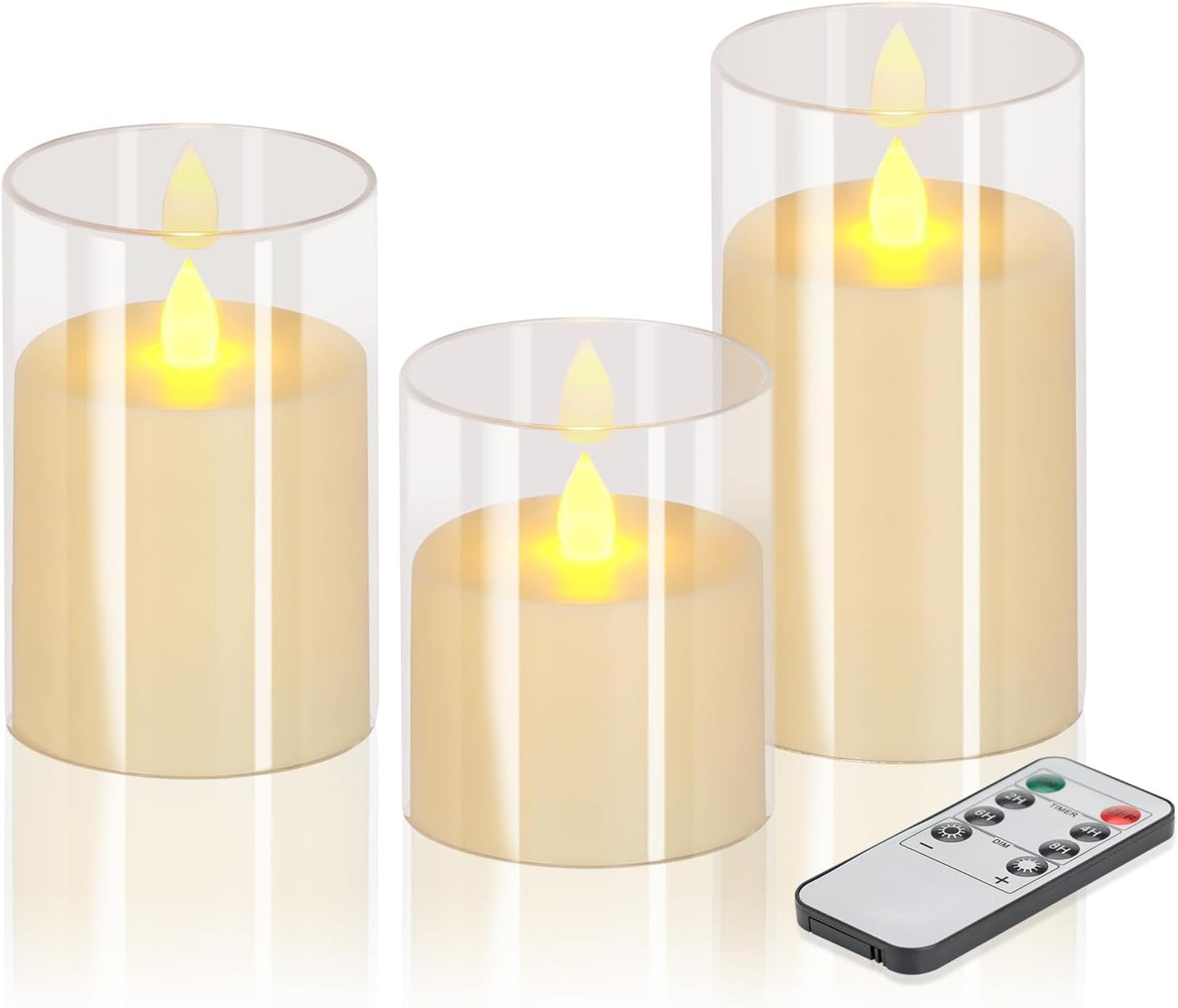 wemarry Flameless Candles 4" 5" 6" Acrylic Glass Pillars 3" Diameter Battery Operated Flickering Candles Include 8-Key Remote with Timer Function 400+ Hours (Amber, Warm Light 3 Pack)