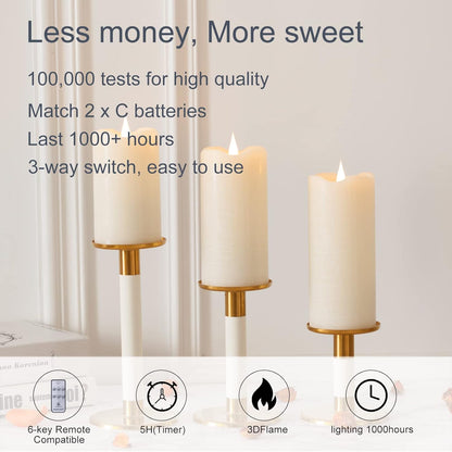 TECHLONG Flameless Candles Battery Operated with Remote Timer, 3D Moving Flame Flickering, Last 600+ Hours Battery Candles, 3" x 3" Ivory Real Wax Electric LED Candle for Wedding Party, Set of 2