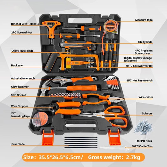 Professional 158-Piece Home Tool Kit, Orange and Black, Complete Household Repair Set with Carrying Case, Includes Screwdrivers, Hammer, Wrench Set, Wire Cutters, Measuring Tape