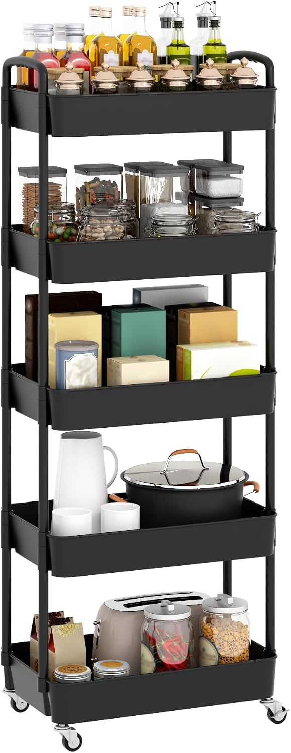 Sywhitta 4-Tier Plastic Rolling Utility Cart with Handle, Multi-Functional Storage Trolley for Office, Living Room, Kitchen, Movable Storage Organizer with Wheels, Black