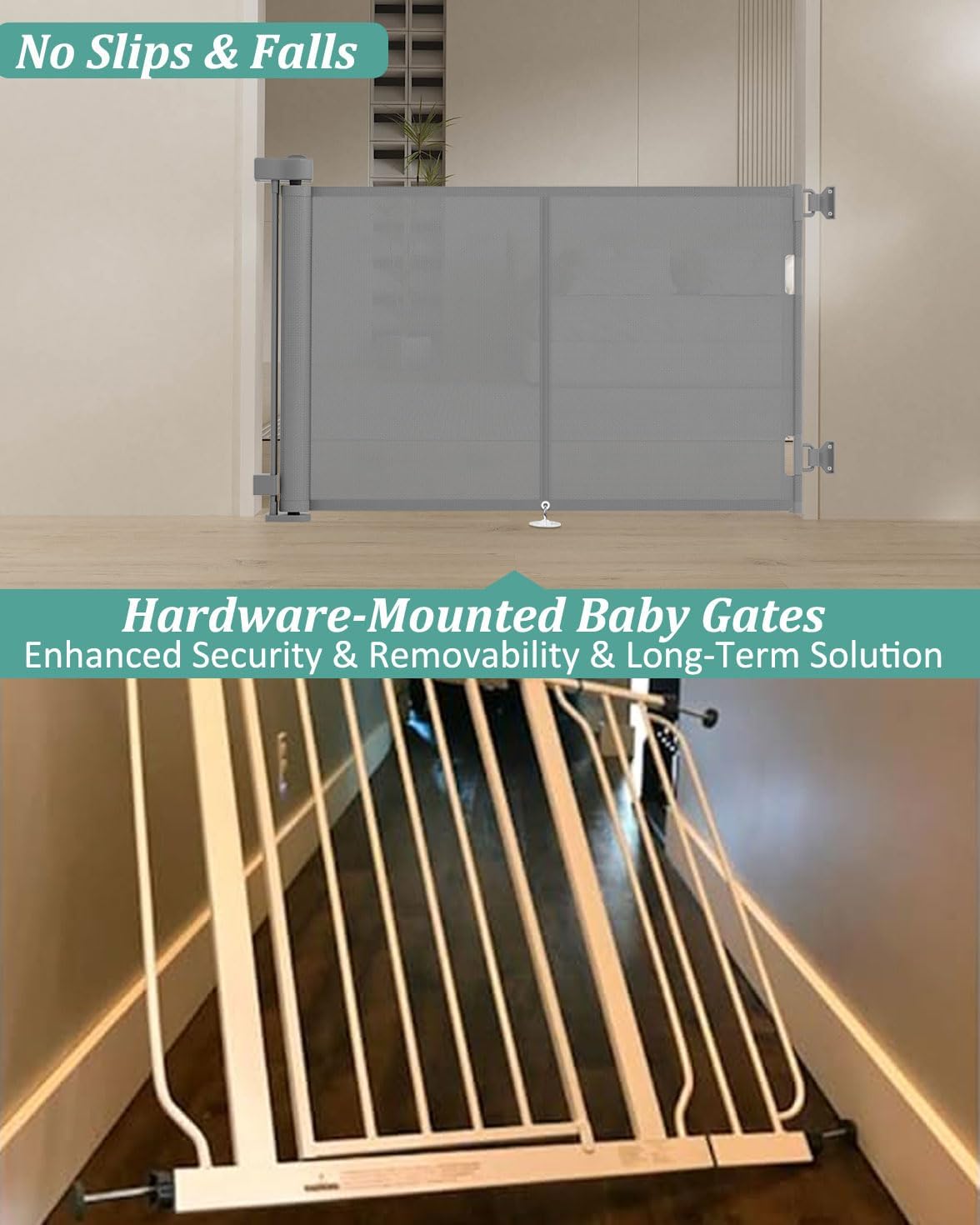 Miumoon 50 inch Retractable Baby Gates 34 inch Tall, Retractable Gate with Reinforced Strip Design to Prevent Crawling Through, Retractable Dog Gate for Stairs, Doorways, Hallways