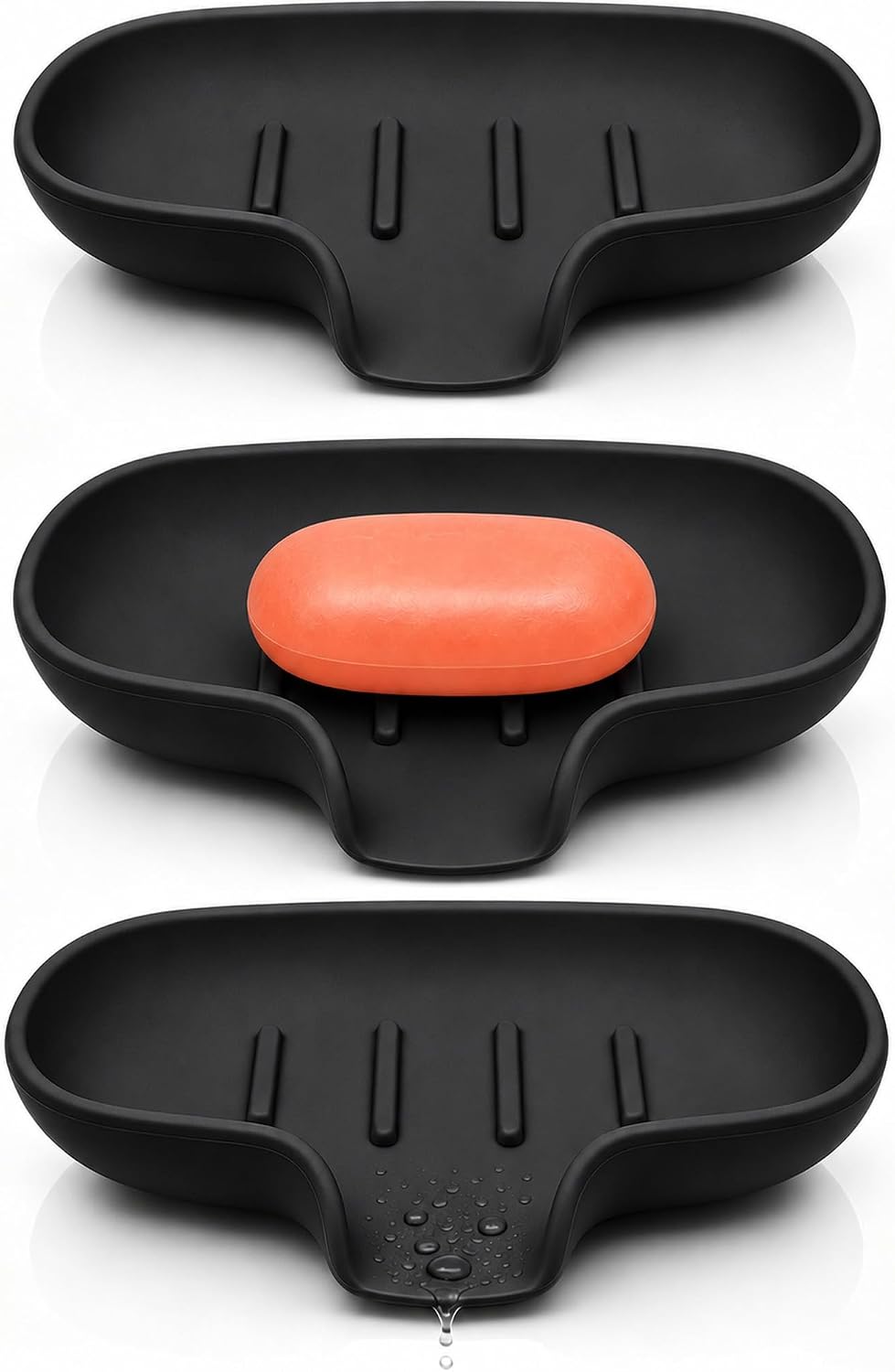 3 Pack Silicone Soap Dish with Drain, Bar Soap Holder for Shower/Bathroom, Self Draining Waterfall Soap Tray/Saver for Kitchen, Keep Soap Dry, Easy to Clean
