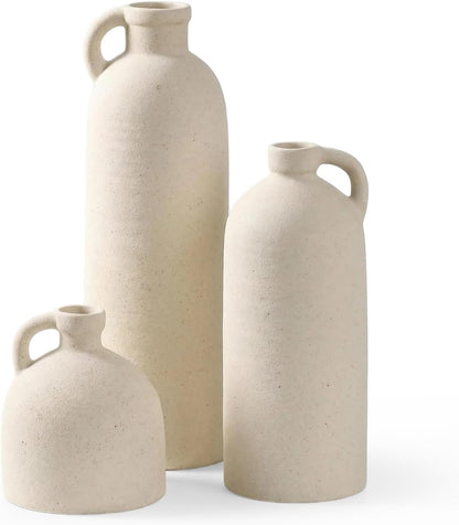 Ceramic Vase Set of 3 with Handles, Green White Neutral Rustic Modern Farmhouse Boho Decor, Versatile as Table Centerpiece or Mantel & Shelf Accent - Unique Home Gift Idea