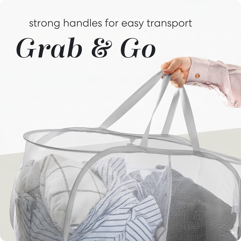 Handy Laundry Collapsible Laundry Basket, 3-Compartment Mesh Laundry Sorter, Foldable Pop Up Hamper with Handles, Space-Saving Durable Organizer for Dorm, Bedroom, Travel, White