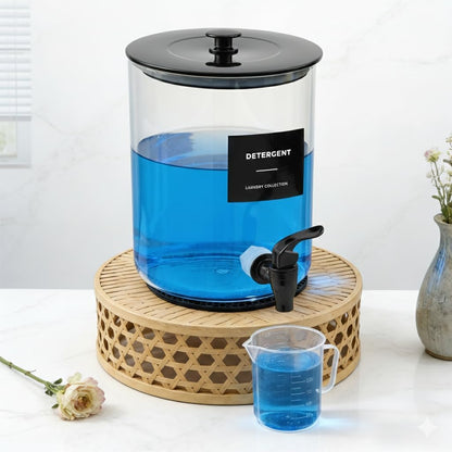 Glass Laundry Detergent Dispenser for Laundry Room Organization-Black | 1 Gallon Large Liquid Soap Dispenser with Black Metal Lid & Leak-Proof Spigot, 1 Measured Cups, 1 Silicone Mats & 9 Labels