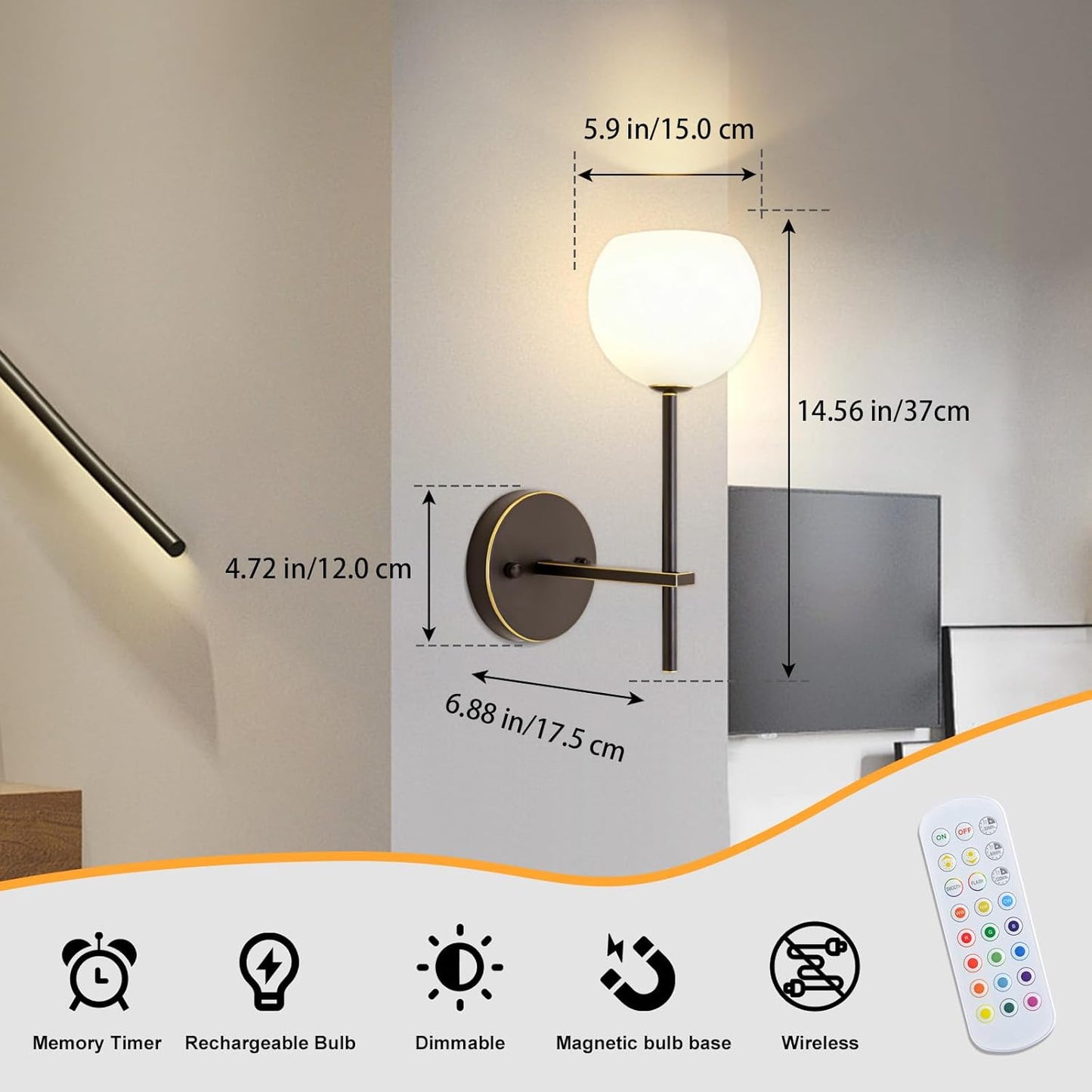 Brass Battery Operated Wall Sconces Set of 2, Rechargeable Wireless Wall Lights with Milky White Frosted Glass, 12 RGB and 3CCT Dimmable, Wall Lamps with Remote for Bedroom Living Room Hallway