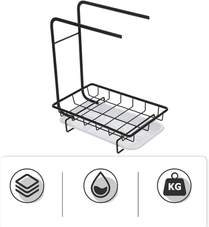 Uonlytech Kitchen Sponge Dishcloth Rack, Dual-Purpose Wall-Mounted and Counter Storage with Two Black Rods, Draining Sponge Rag Holder for Kitchen Cleaning and Organization