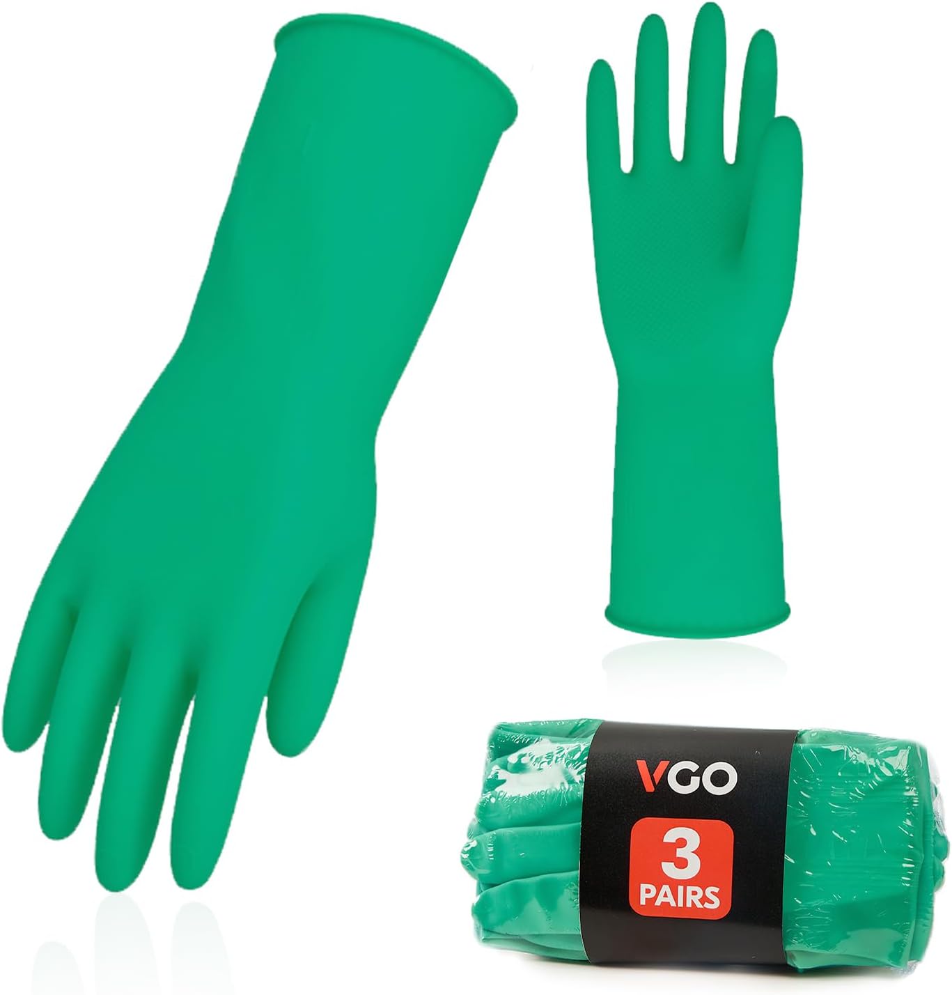 Vgo... 3-Pairs Reusable Household Gloves, Rubber Dishwashing gloves, Extra Thickness, Long Sleeves, Kitchen Cleaning, Working, Painting, Gardening, Pet Care (Size L, Yellow, HH4601)