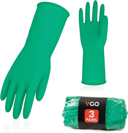 Vgo... 3-Pairs Reusable Household Gloves, Rubber Dishwashing gloves, Extra Thickness, Long Sleeves, Kitchen Cleaning, Working, Painting, Gardening, Pet Care (Size L, Yellow, HH4601)
