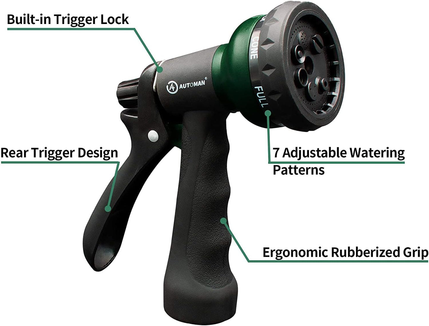 AUTOMAN Garden Hose Nozzle - 2 Pack, 100% Metal High Pressure Spray Nozzle, Labor-Saving Design, Heavy Duty for Garden Watering, Car Washing, Window Cleaning, Pets Bathing