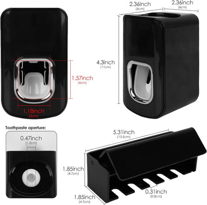 5 Slots Wall Mount Toothbrush Holder with Cover, Self Adhesive Toothbrush Storage Organizer for Shower, Toothbrush Hanger with Automatic Toothpaste Squeezer Dispenser