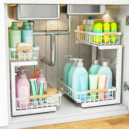 Under Sink Organizer, Pull Out Kitchen Storage Cabinet Organizer, 2-Tier Metal Slide Out Shelf for Bathroom Laundry Kitchen Storage with Drawers, 11.8"W x 15.9"D x 13.8-16.9"H, White, 2 Pack