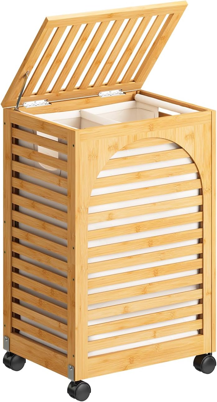 Black Laundry Hamper with Wheels, Laundry Basket with Lid, 22.5 Gallon (85L) Bamboo Wood Clothes Laundry Hamper 2 Section with Handles, Removable Liner