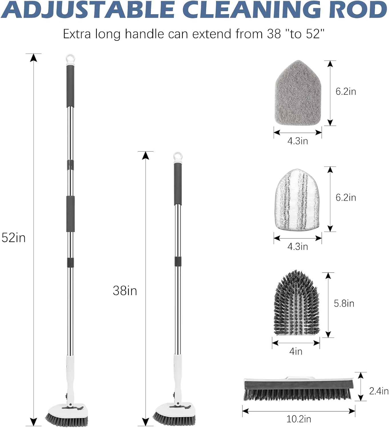 SetSail Tile Tub Scrubber Brush 3-in-1 Shower Scrubber with 52-inch Adjustable Long Handle Shower Cleaner Brush and 3 Detachable Replacement Brush Heads for Cleaning Bathroom Kitchen Walls Tub Tile