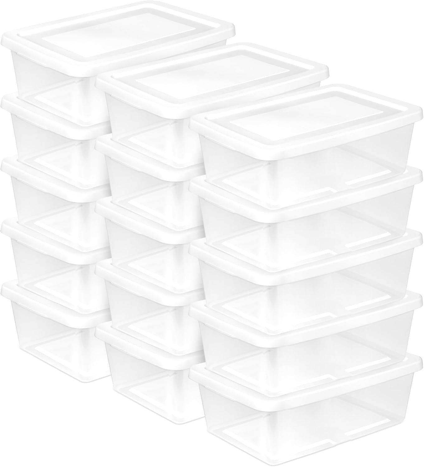 Sterilite 6 Pack Storage Box, 41 Quart Stackable Tote, Clear Plastic Container with Secure Snapping White Lids for Home and Office Organization