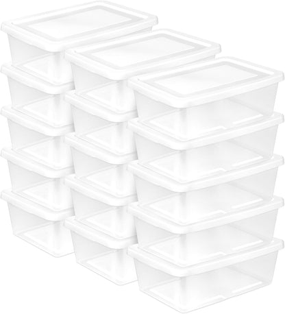 Sterilite 6 Pack Storage Box, 41 Quart Stackable Tote, Clear Plastic Container with Secure Snapping White Lids for Home and Office Organization