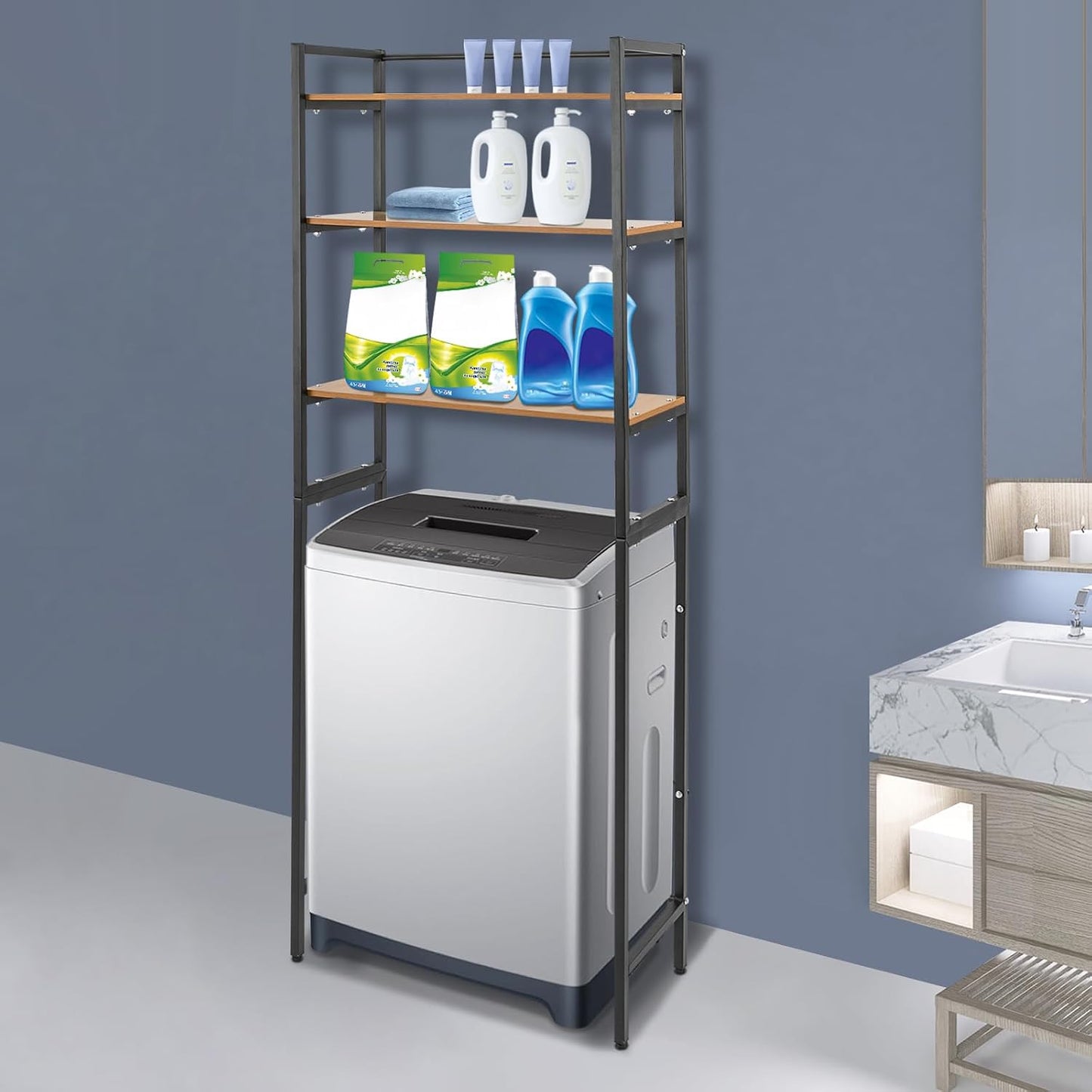 Over Washer and Dryer Storage Shelves, 3-Tier Freestanding Washing Machine Storage Rack with Adjustable Shelf for Laundry Room Bathroom Garage, W27.2*D11.8*H71.3in (White)