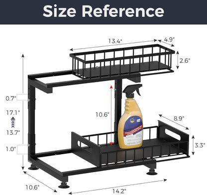 Saydear L-Shaped Under Sink Organizer, 2-Tier Pull-out Cabinet Rack 1-Pack | Black Height-Adjustable Metal Rack, Sliding Grid Drawers with Safety Stopper, Holds 100 Lbs, Ideal Kitchen Cabinet Storage