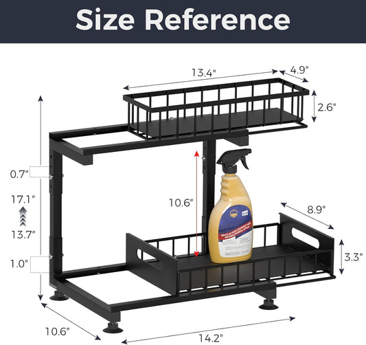 Saydear L-Shaped Under Sink Organizer, 2-Tier Pull-out Cabinet Rack 1-Pack | Black Height-Adjustable Metal Rack, Sliding Grid Drawers with Safety Stopper, Holds 100 Lbs, Ideal Kitchen Cabinet Storage