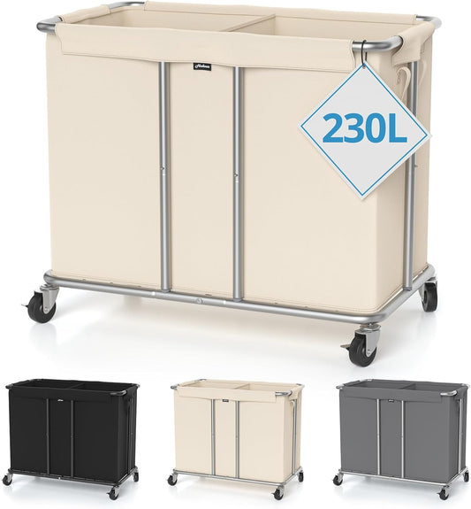 Hodonas 230L Rolling Laundry Hamper, 2-Section Laundry Basket with Wheels, 61 Gallons Laundry Sorter with Metal Structure and Removable Liner, Clothes Hamper for Laundry Room, Bathroom, Bedroom, Beige